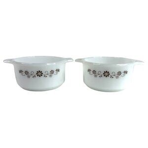 2 Vintage Dynaware Pyr-O-Rey Milk Glass Bowl Ramekin Brown Floral Casserole Set